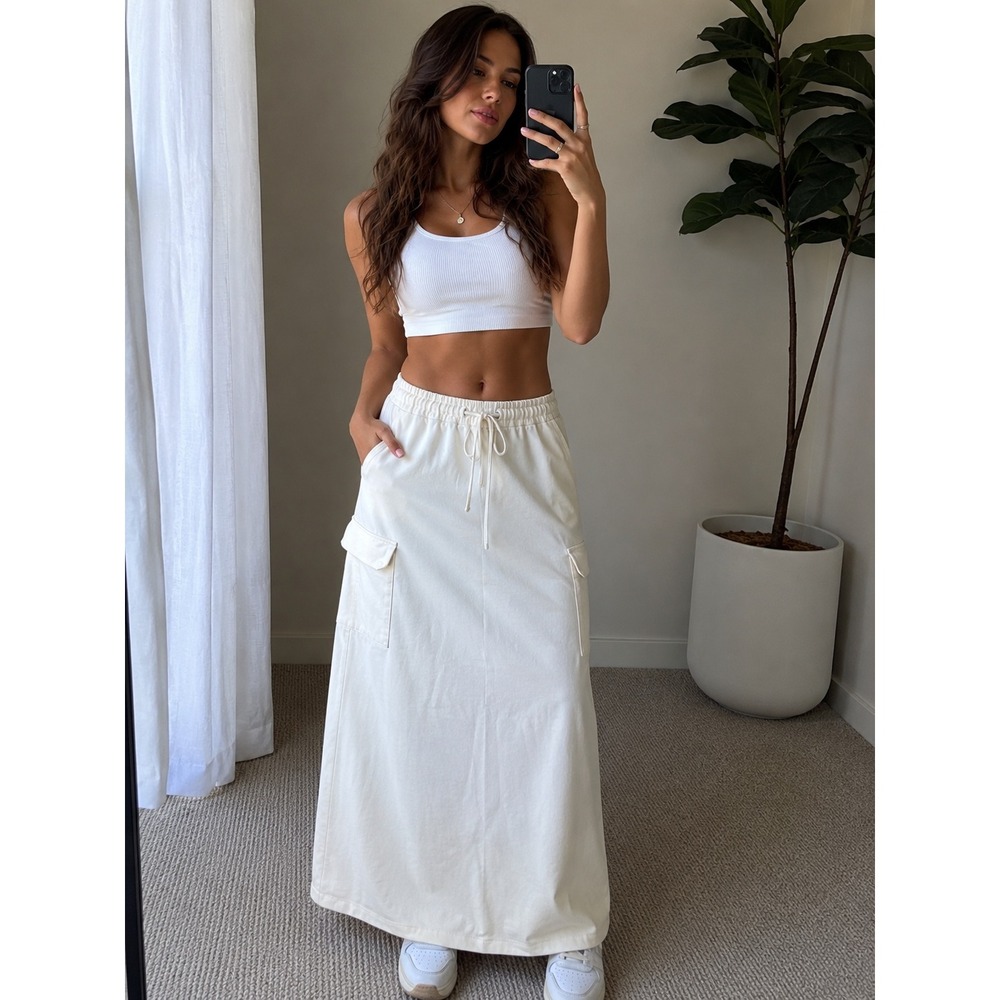 Princess‎ Polly Cream Cargo Maxi Skirt Off White Utility Pocket Slit Size US 4